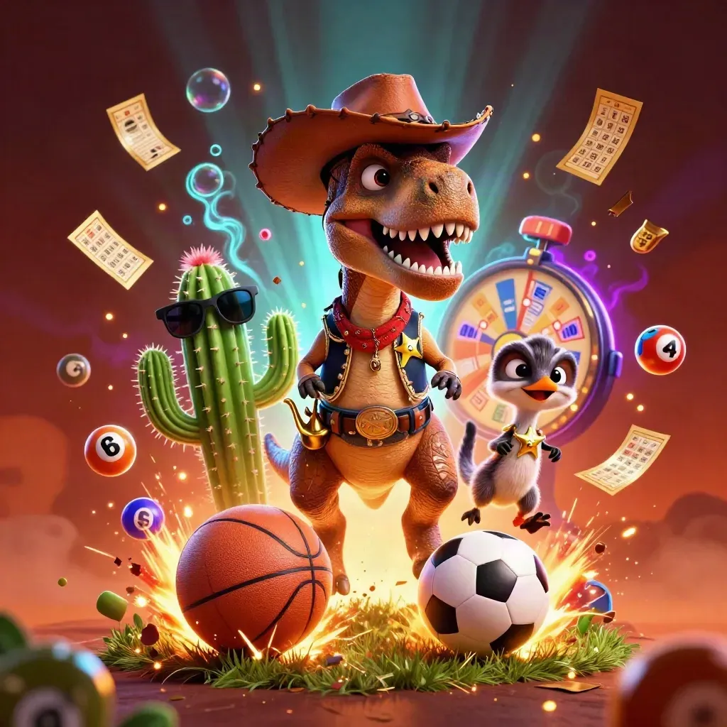 Cowboy T-Rex, cactus, and roadrunner amid casino sports chaos, balls, wheel, tickets, and neon glow
