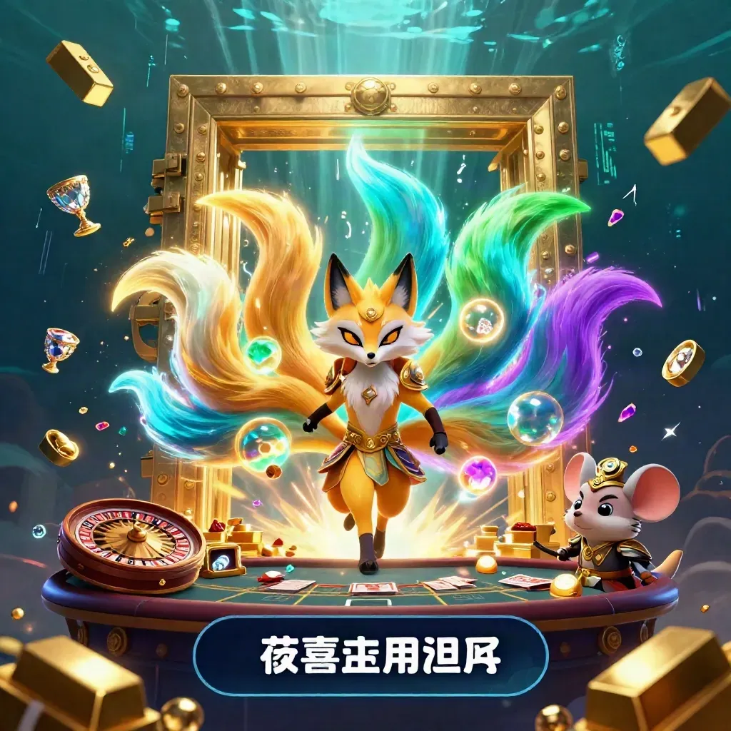 Nine-tailed neon fox and golden mouse burst from a treasure vault amid casino magic.
