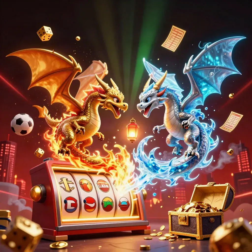 Gold and silver dragons spiral with fire and ice above exploding casino and sports icons.