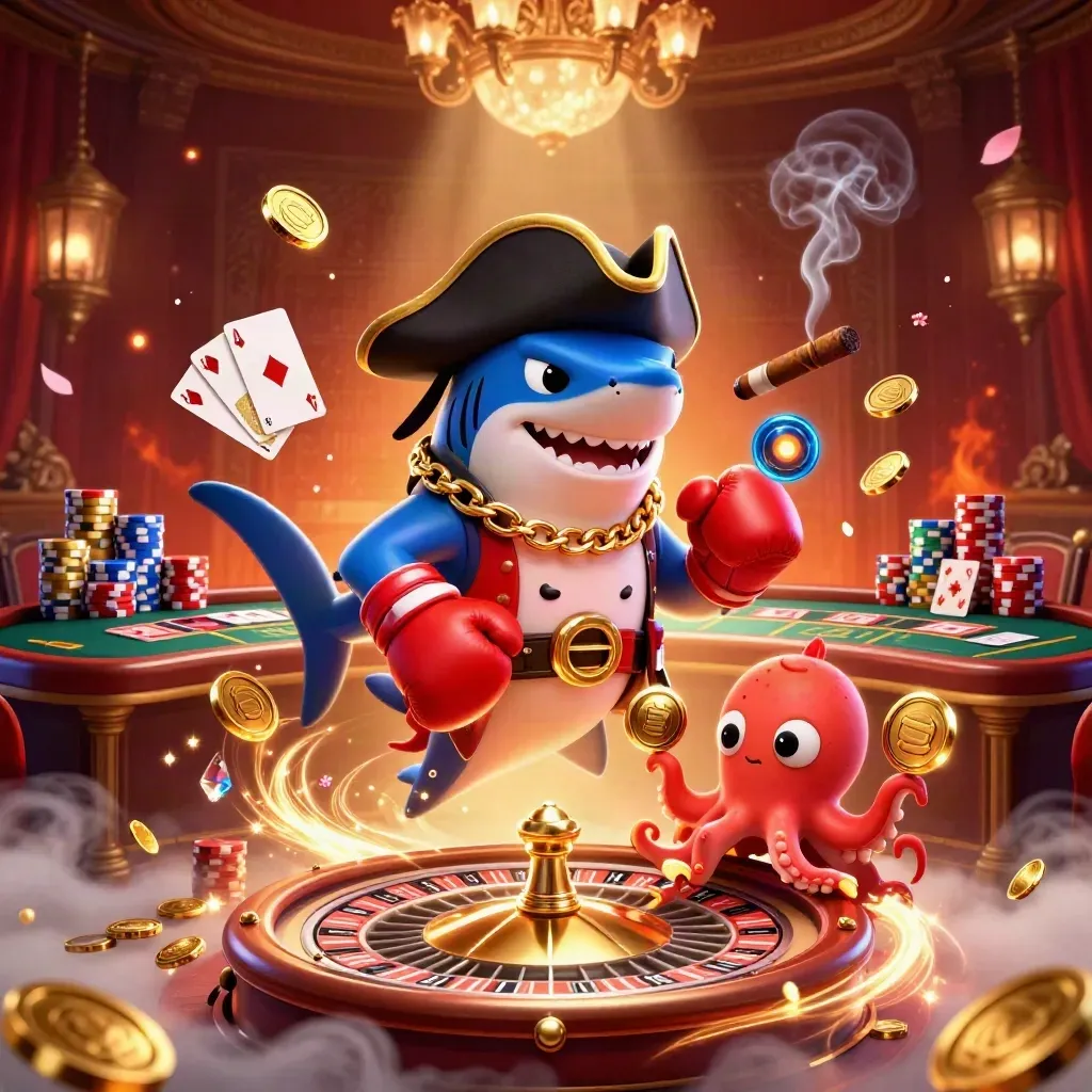 Shark captain, pufferfish, and octopus in a glowing casino with coins, cards, and spinning roulette