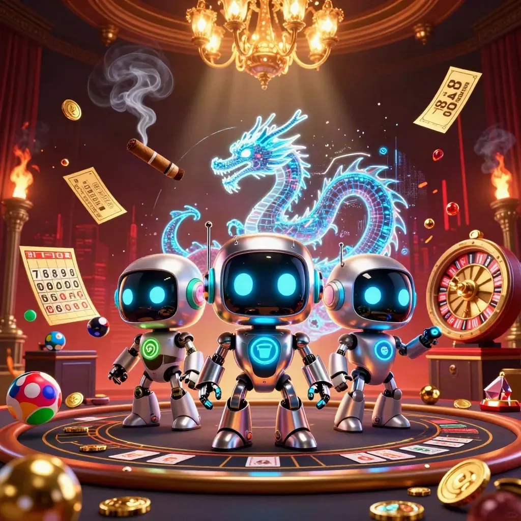 Cyberpunk robot, holographic dragon, and drone in a neon casino room with cards, wheel, and smoke.