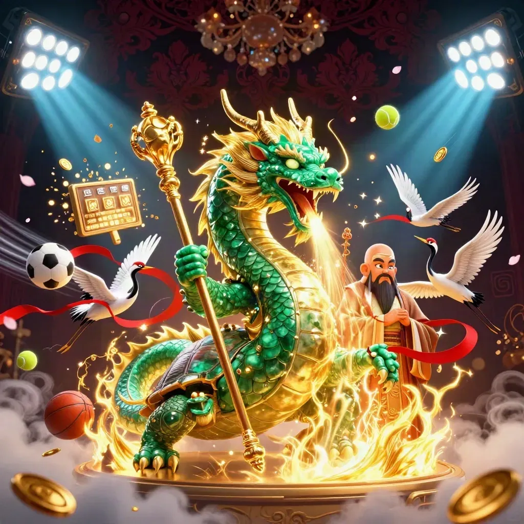 Emerald dragon, turtle sage, and cranes amid gold fire, sports balls, coins, and casino light effects.