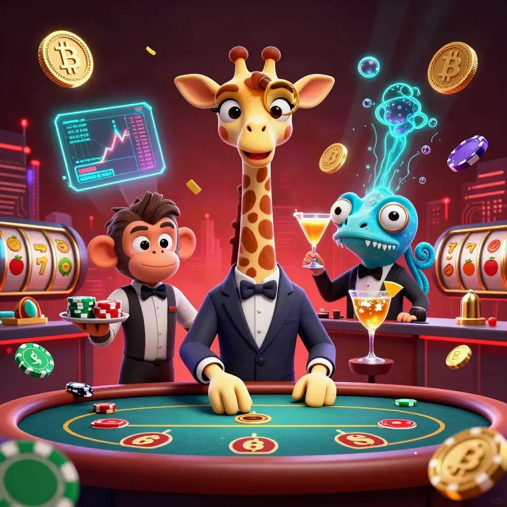 Giraffe in a suit, monkey valet and chameleon bartender amid neon casino coins and lightning
