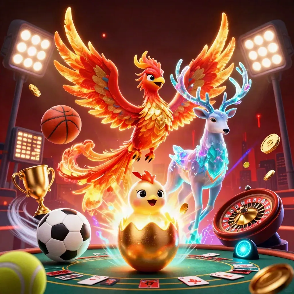 Fire phoenix, hatching baby phoenix, and crystal stag amid casino symbols and neon light