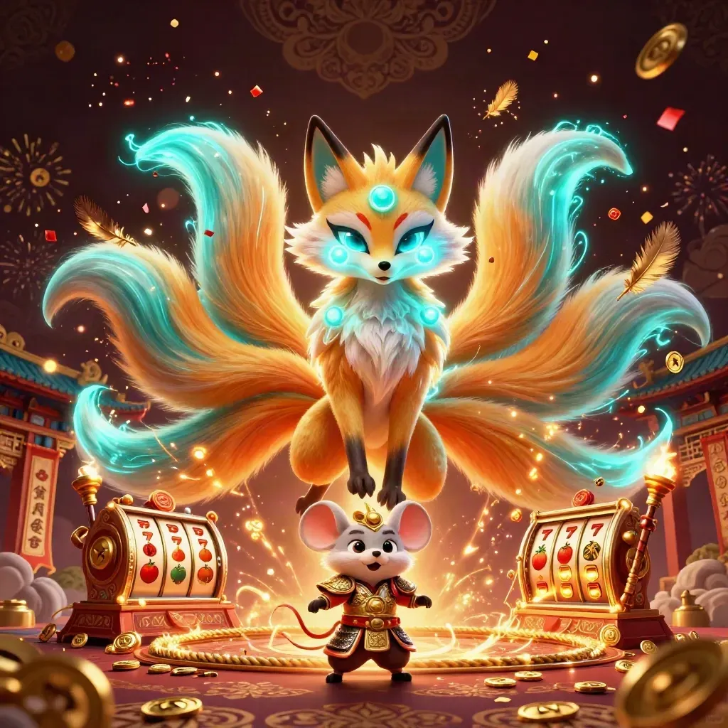 Neon nine-tailed fox spirit with gold-armoured mouse amid casino relics, coins, fireworks, and glowing effects