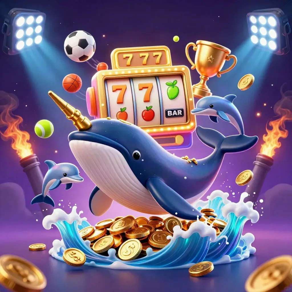 Whale captain, narwhal, and dolphins amid coins, sports balls, trophies, and neon casino effects.