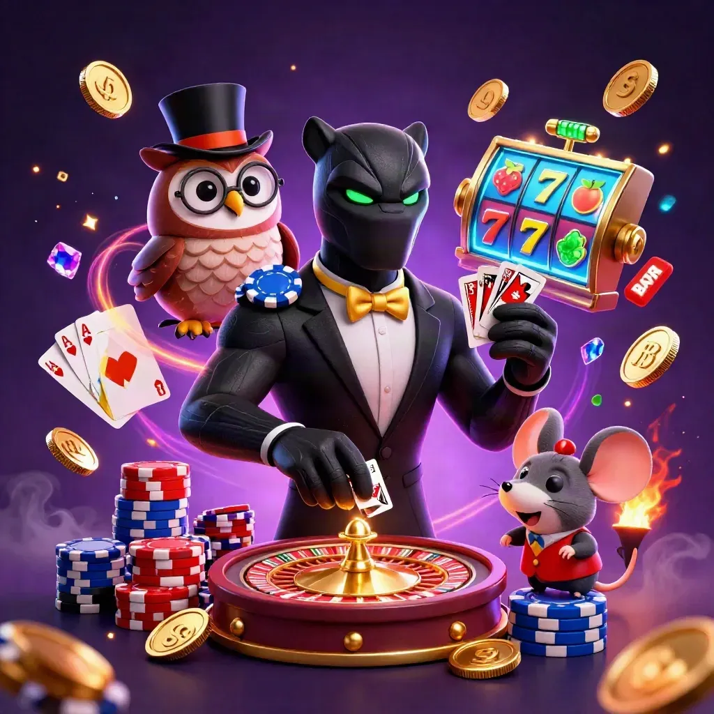Panther, owl, and mouse casino heroes amid chips, coins, reels, and neon casino energy.