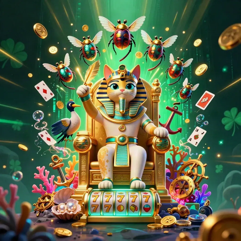Pharaoh cat on throne with ibis scribe, gem scarabs, coins, coral, cards, and casino symbols